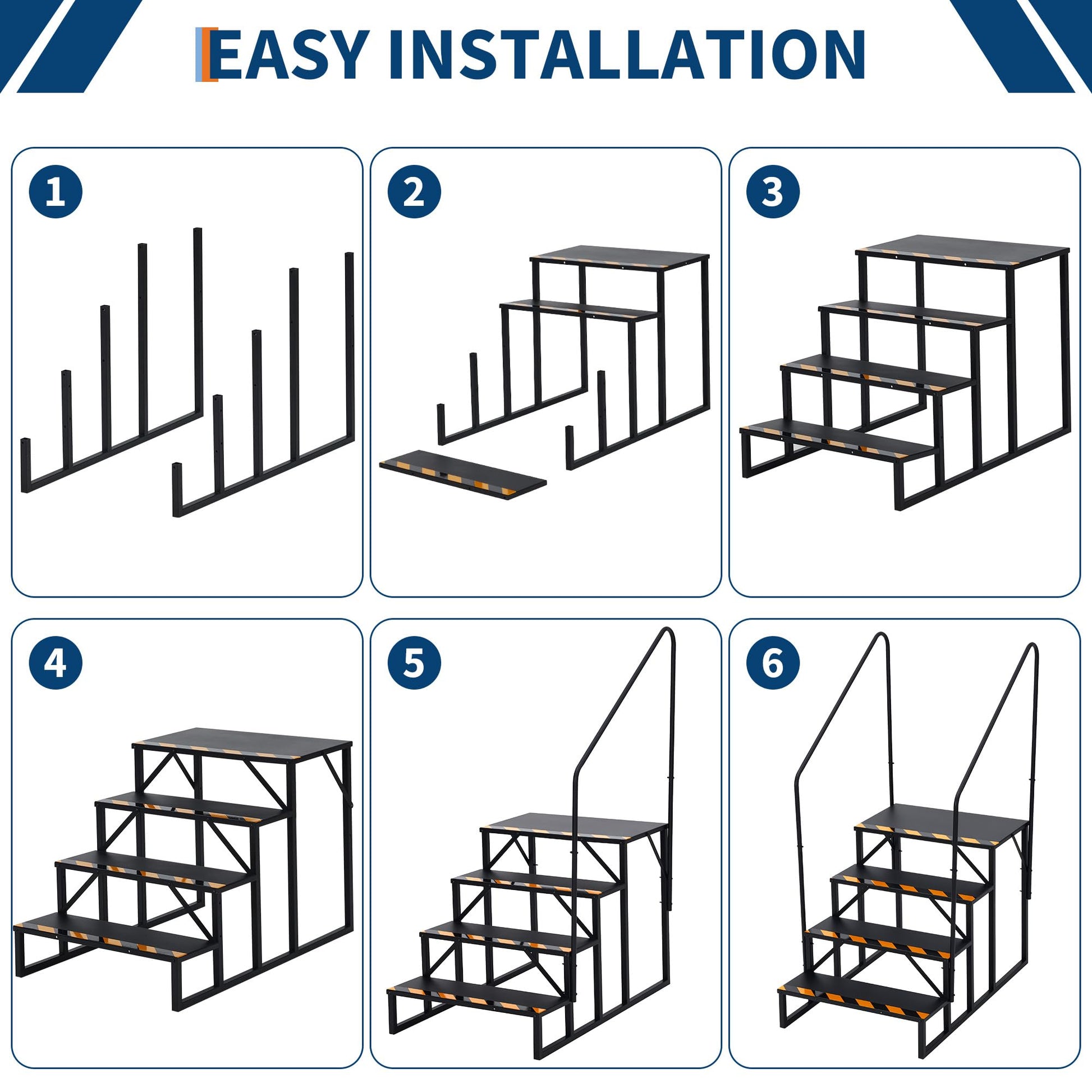 Escalier portable Garvee à 4 marches pour VR avec rampe, en acier, bandes antidérapantes pour caravanes et usage extérieur, 181 kg (400 lb), noir