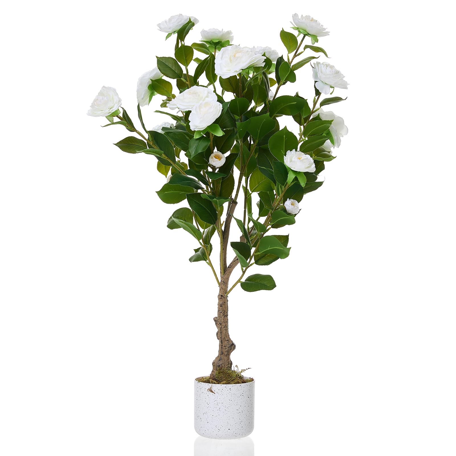 Lot de 2 camélias artificiels Garvee de 90 cm avec pot blanc, pour l'intérieur et les espaces extérieurs couverts. Entretien facile. Fleurs réalistes.