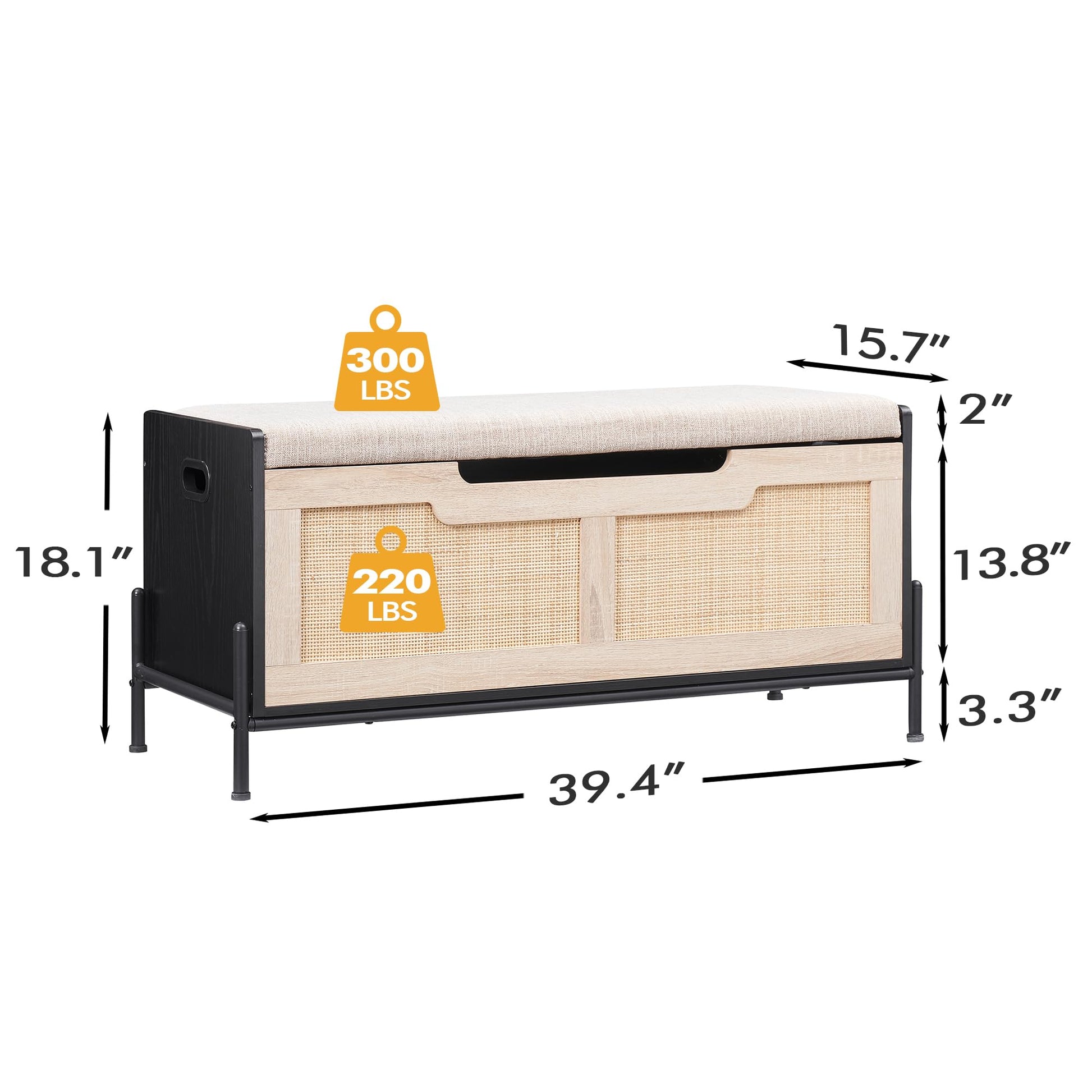 Banc de rangement en rotin Garvee 39,4 po avec coussin d'assise, 2 charnières de sécurité, coffre de rangement, banc à chaussures, chêne et noir pour salon et couloir