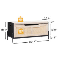 Banc de rangement en rotin Garvee 39,4 po avec coussin d'assise, 2 charnières de sécurité, coffre de rangement, banc à chaussures, chêne et noir pour salon et couloir