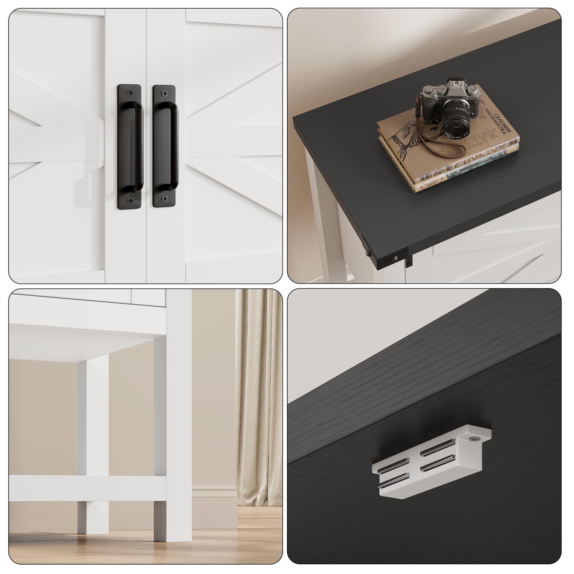 Console Garvee style ferme avec 2 portes, en bois robuste et résistant aux rayures, blanc et noir, 81 cm (32 pouces), idéale pour la cuisine et le salon.
