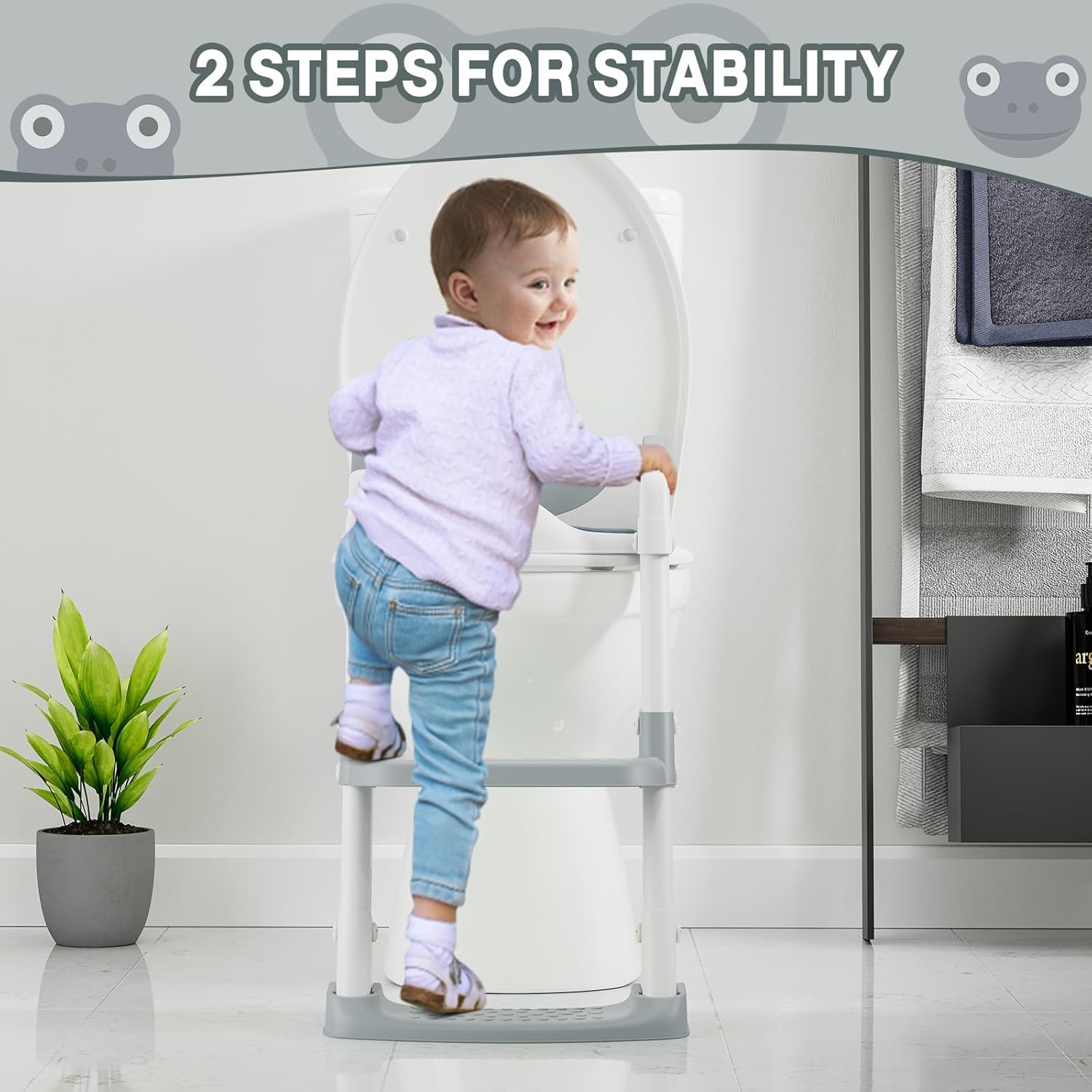 Siège d'apprentissage de la propreté Garvee avec marchepied et poignées pour garçons et filles, gris, pour la salle de bain, hauteur réglable, antidérapant, en polypropylène durable