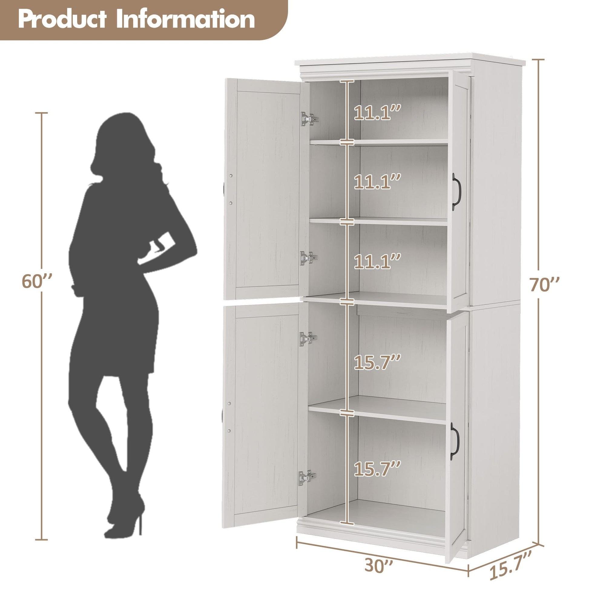 Armoire de rangement Garvee Pantry 70" avec portes et étagères réglables pour la cuisine et le salon, en MDF P2, robuste, anti-basculement, teinte bois neutre