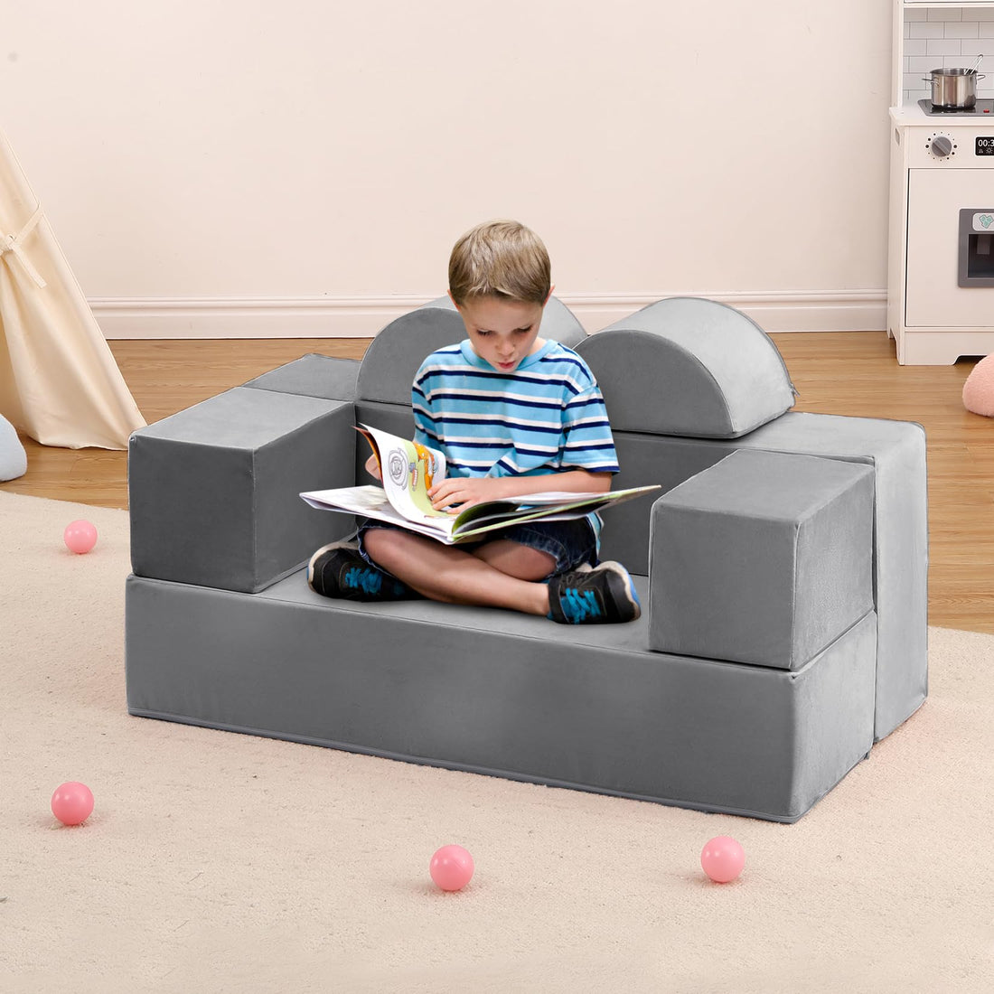 Garvee Canapé de jeu pour enfants, 6 pièces, modulaire, en mousse haute densité, housse amovible en microfibre, gris foncé, pour salle de jeux et chambre, 100 cm (L) x 50 cm (P) x 40 cm (H)