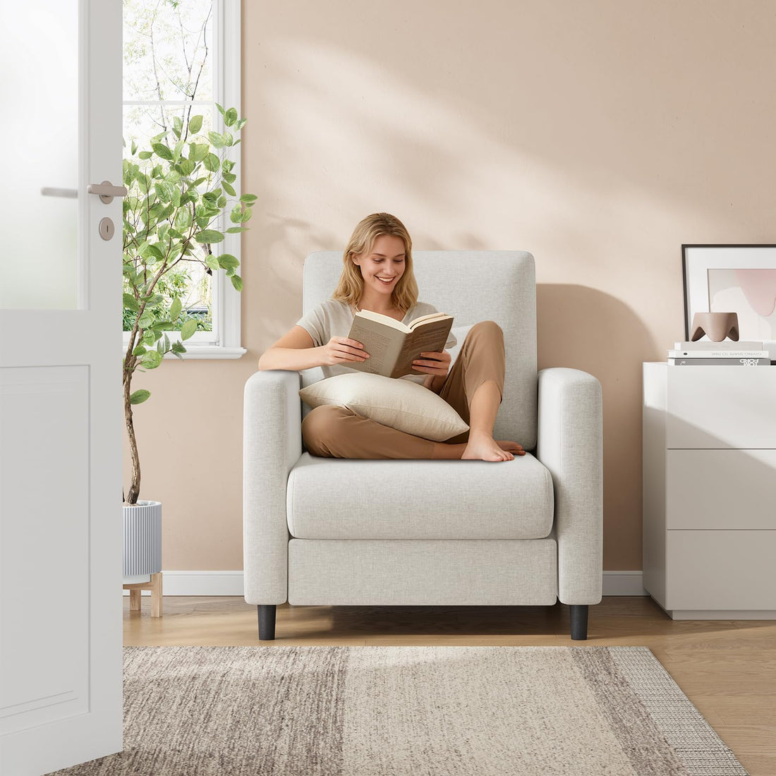 Fauteuil d'appoint Garvee 33,9 po en chenille, canapé deux places avec ressorts ensachés de 7,5 po, beige compact, pour salon et chambre à coucher