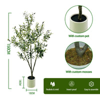 Olivier artificiel Garvee de 1,5 m avec pot blanc, plante en soie réaliste, branches ajustables pour la décoration intérieure et extérieure, tronc en bois naturel, vert foncé