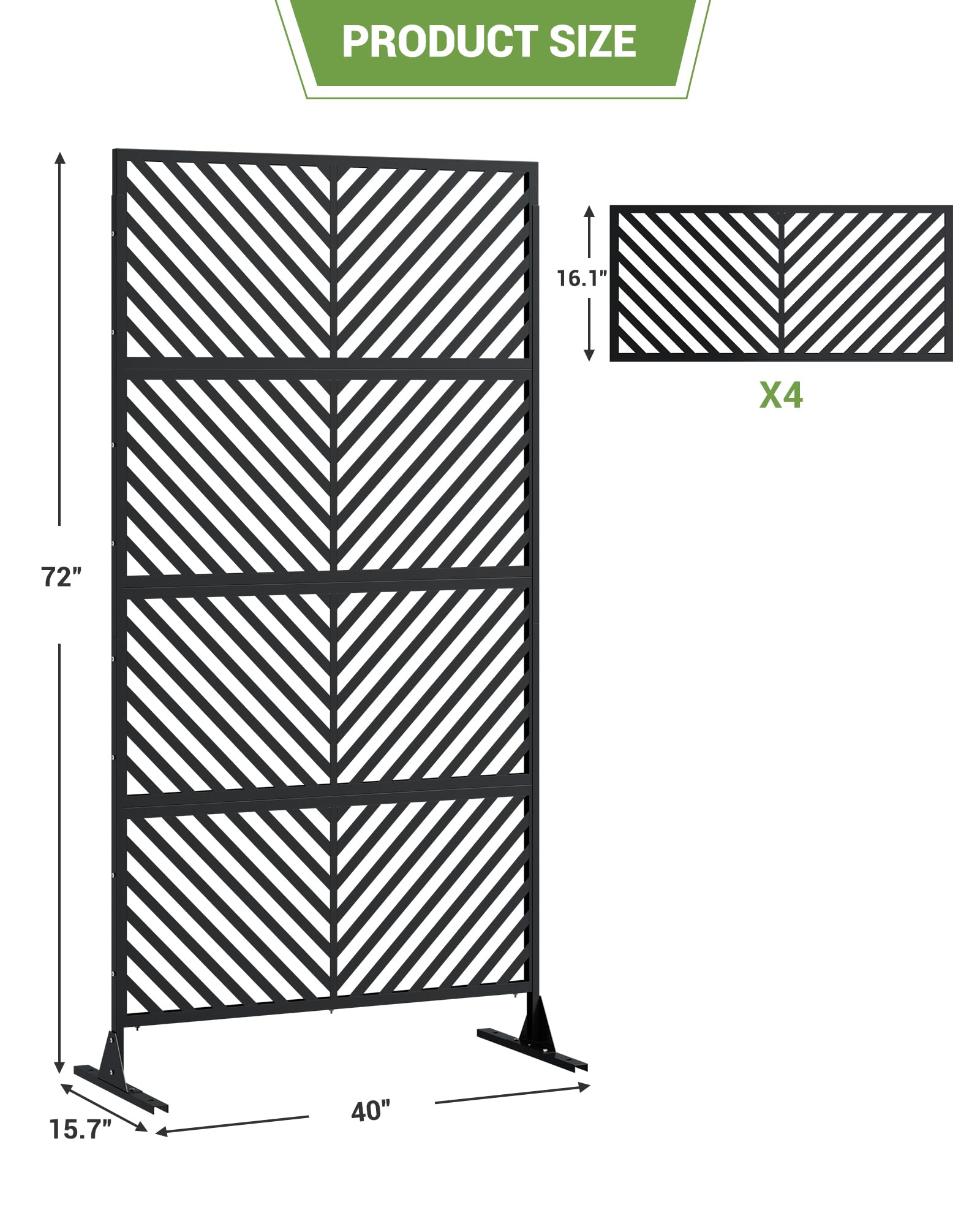 Garvee Paravent extérieur métal 183x102cm, autoportant 4 panneaux, résistant aux intempéries, écran d’intimité pour terrasse balcon, noir