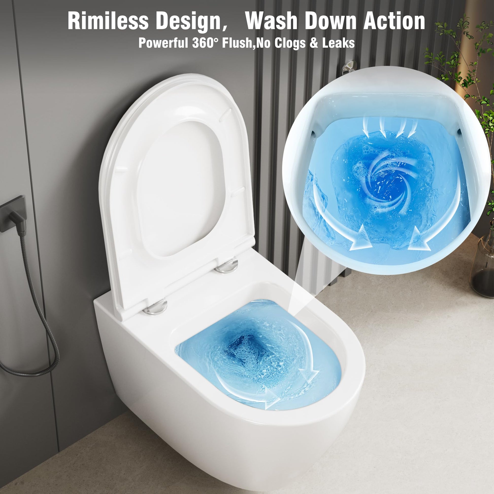 WC suspendu GARVEE Senza Bordi, en céramique, forme en D, 55,5 cm, blanc, avec abattant automatique, pour salles de bains modernes