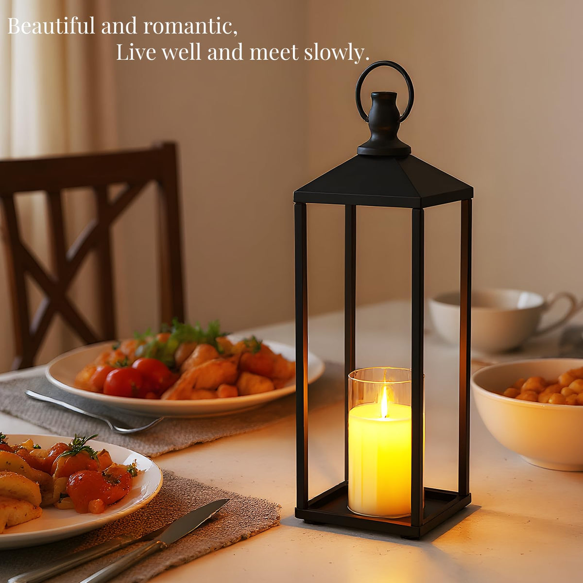 Garvee lot de 3 lanternes décoratives métal avec bougies LED sans flamme, 56 / 48 / 43 cm, noires, intérieur et extérieur