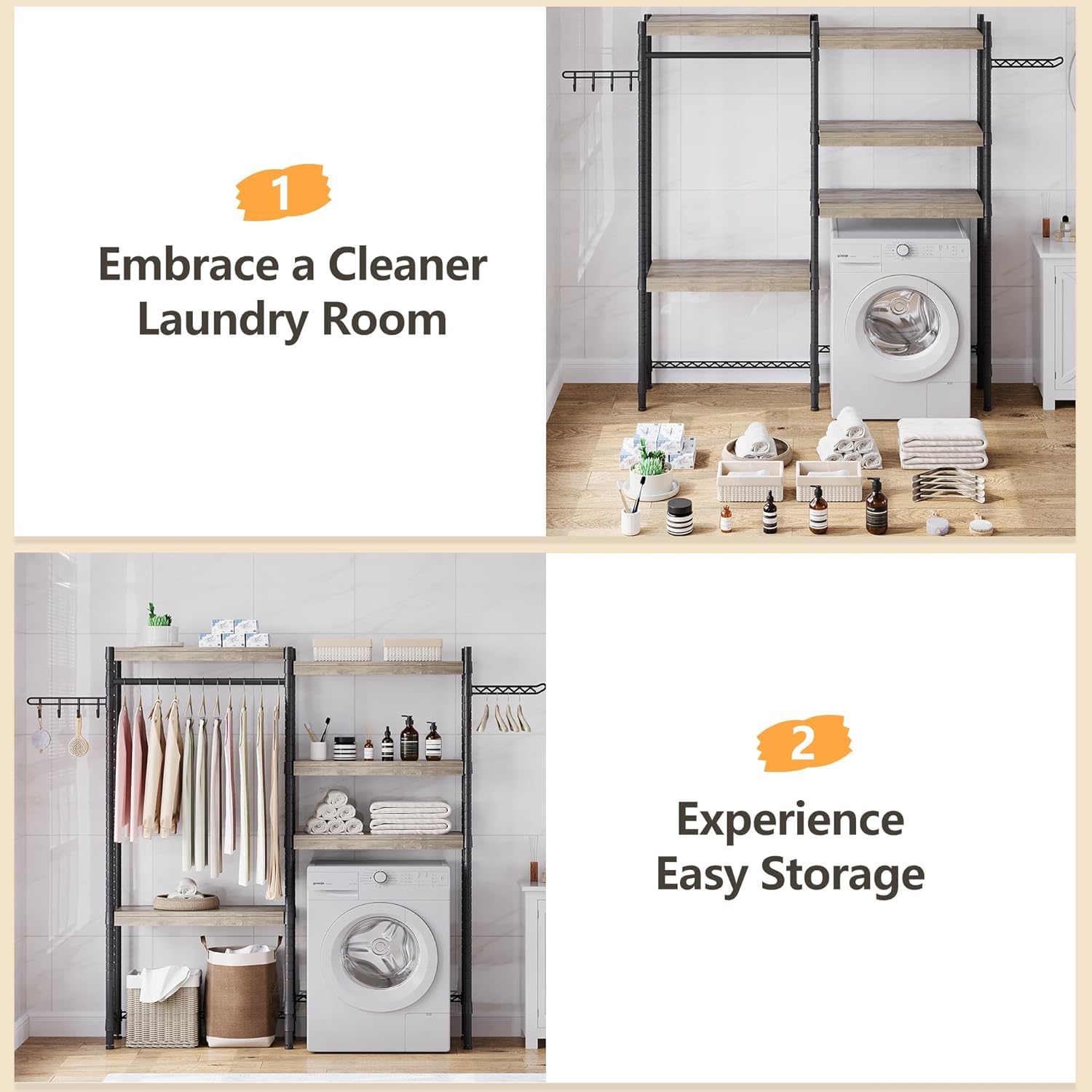 Étagère à lave-linge Garvee 30 pouces à 5 niveaux avec double couche, étagères en bois pour salle de bain et balcon, réglable, gris/noir