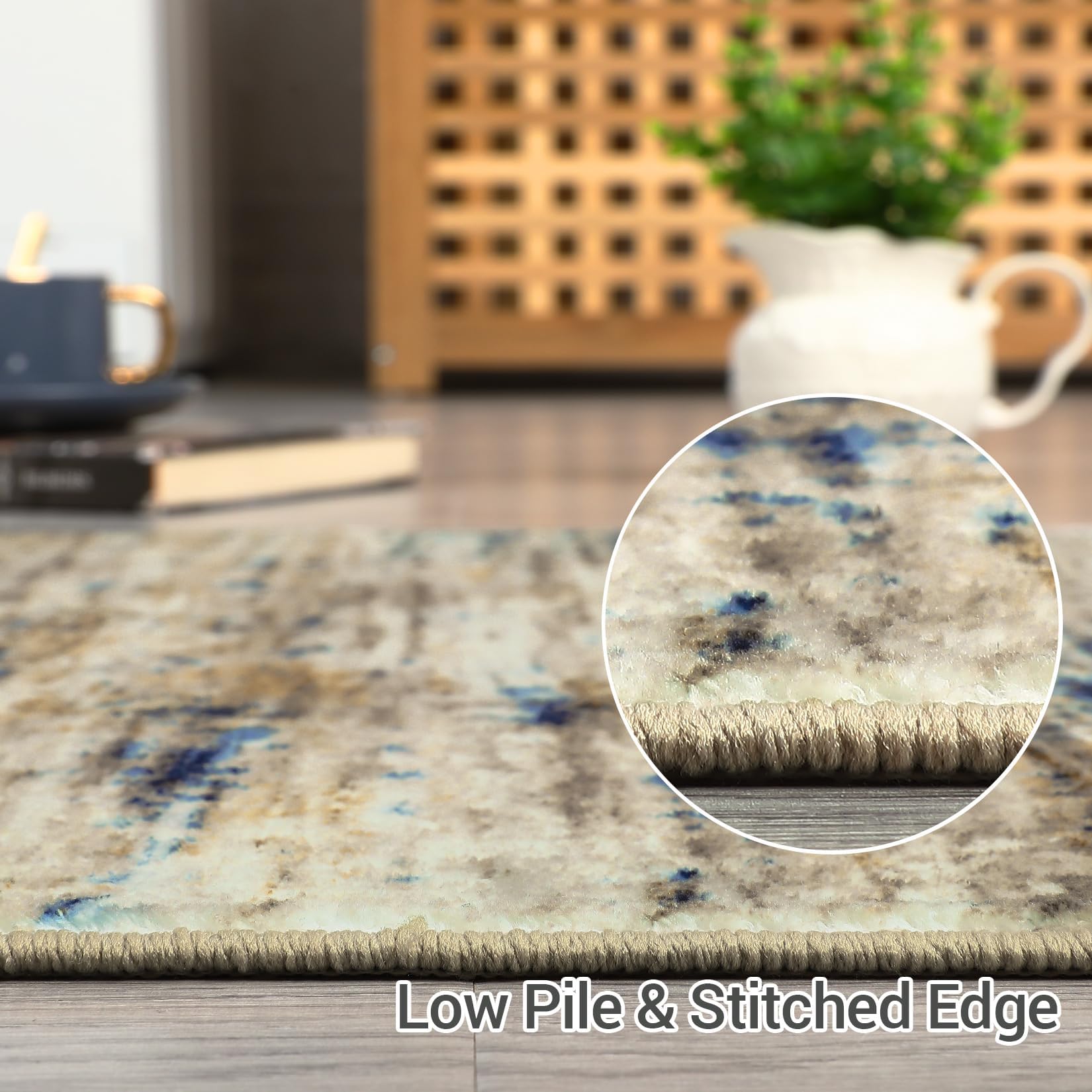 Tapis Garvee anti-taches lavable en machine bleu/camel 200x290 cm pour salon, chambre, couloir