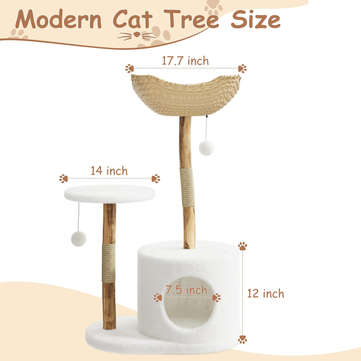 Arbre à chat Garvee moderne en bois véritable pour grands chats, bois de poirier de luxe, 109 cm, blanc, pour salon, avec poteaux à griffer et tapis résistants aux intempéries