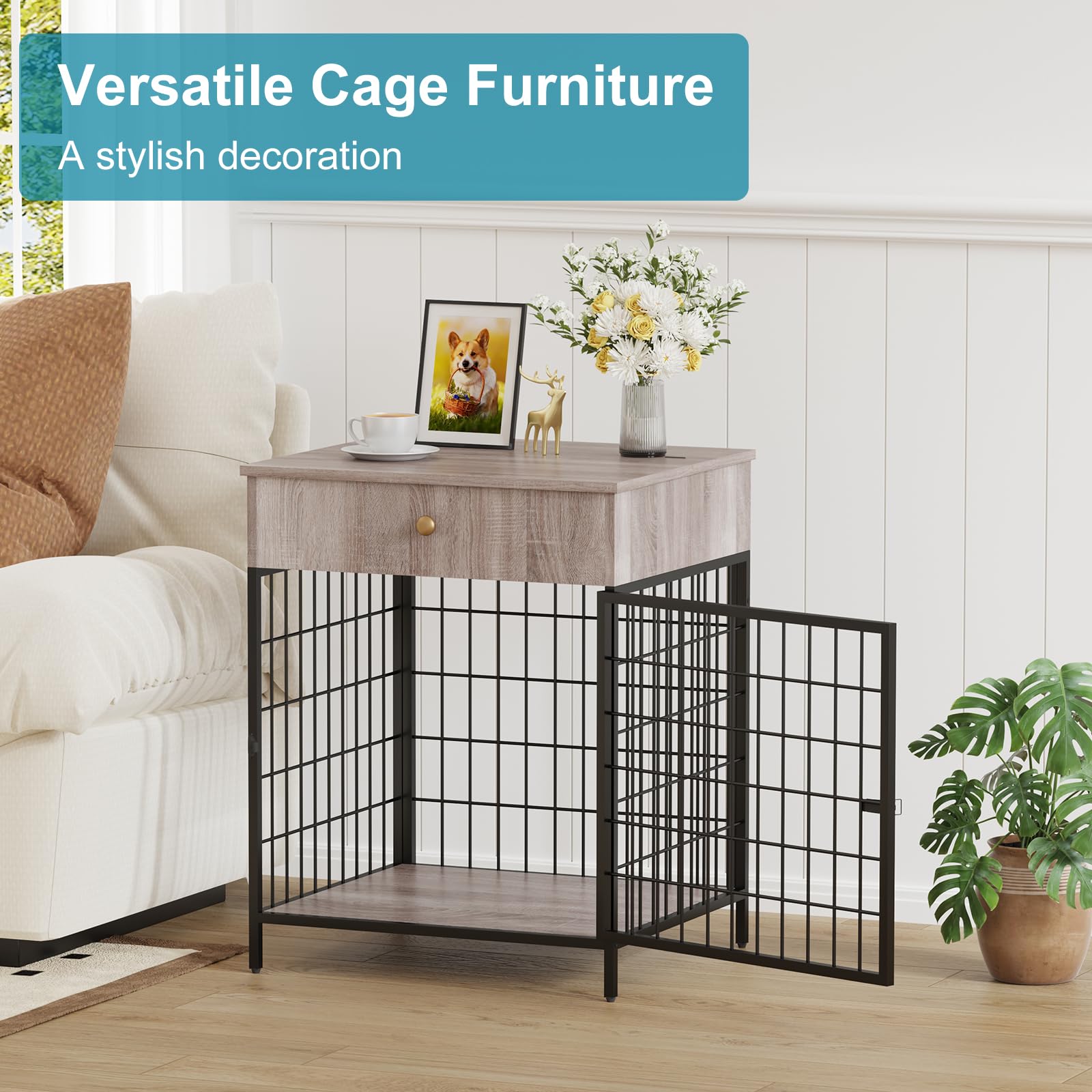 Meuble pour cage de rangement pour chien Garvee, structure en acier, résistant aux jouets à mâcher, avec tiroir, pour petits chiens, table d'appoint d'intérieur, 50 cm (L) x 58 cm (l) x 68 cm (H)