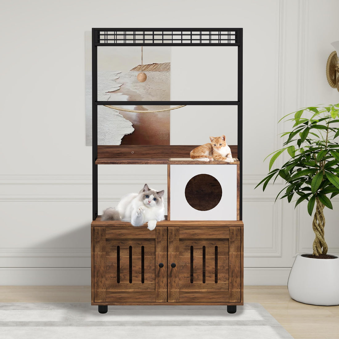Garvee Meuble Cache Litière Chat pour Grands Chats, Meuble 2-en-1 avec Rangement Intégré et Bac à Litière Dissimulé, Structure Métallique Marron Rétro