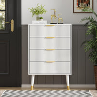 Commode moderne Garvee à 5 tiroirs avec pieds en métal et poignées dorées pour chambre et salon, en bois MDF, imperméable et robuste.