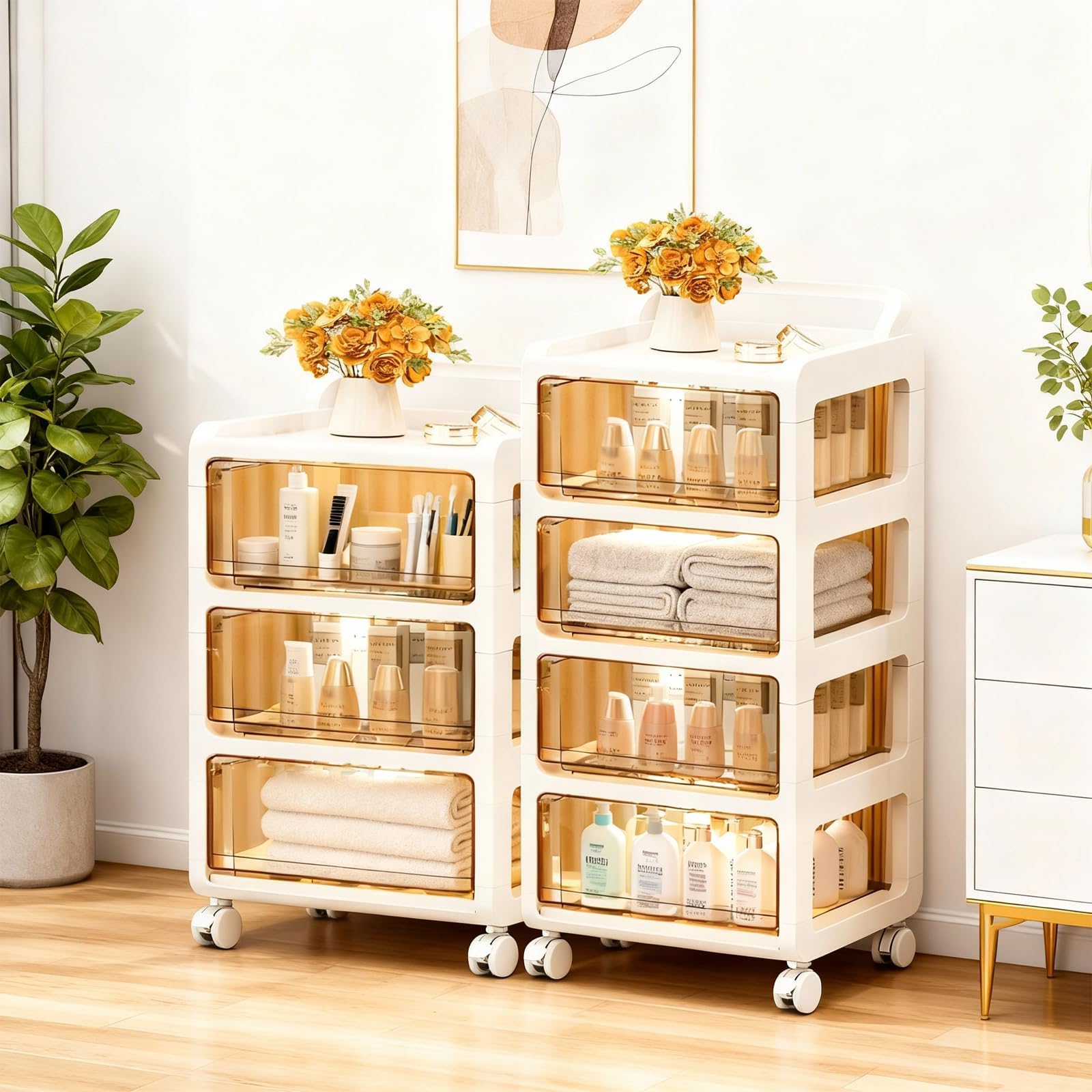 Organiseur ergonomique Garvee en plastique avec 3 tiroirs transparents pour le bureau et la maison, 36 L, beige, compact 33 x 38 x 71 cm, 4 roues avec freins