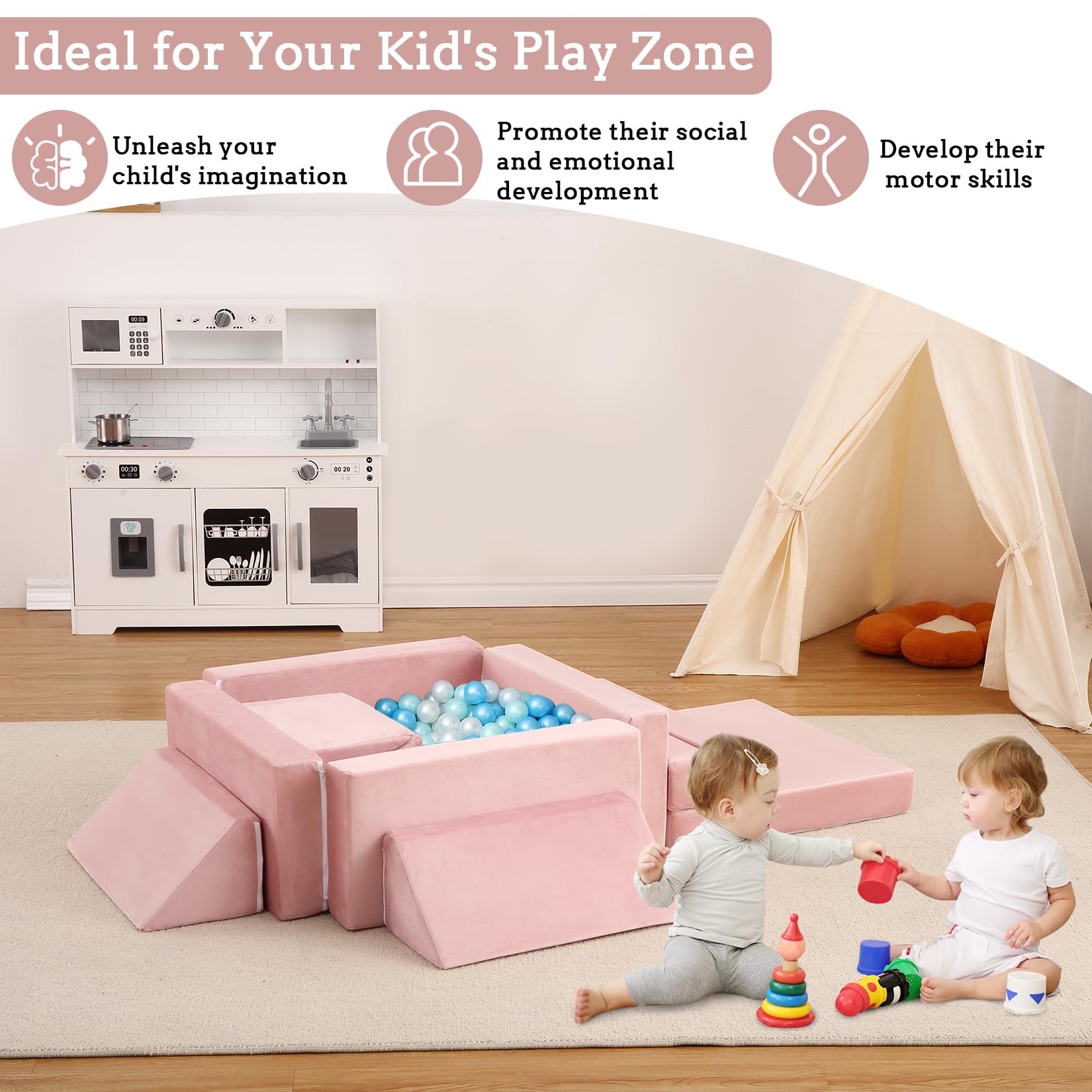 Garvee Canapé modulable enfant 12 pièces, convertible et polyvalent, mousse résistante, housse lavable, coloris teal et rose, idéal salle de jeux et chambre d’enfant