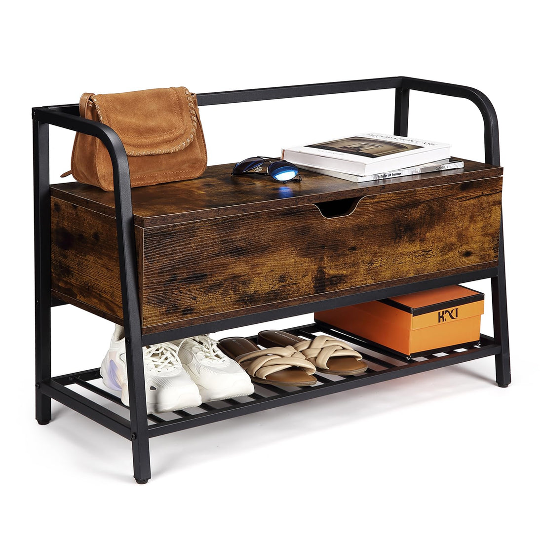 Banc à chaussures d'entrée Garvee avec structure en métal et revêtement en mélamine, couvercle relevable pour rangement, robuste, polyvalent et compact pour couloir et chambre, noir