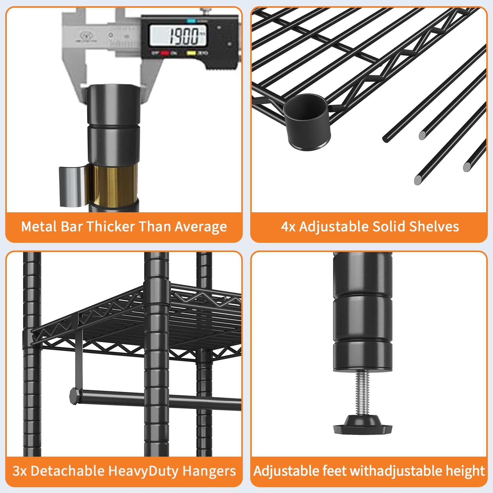 Garvee Portant à vêtements en métal à 4 niveaux, 3 barres réglables en hauteur, revêtement en poudre noir, pour chambre et magasin