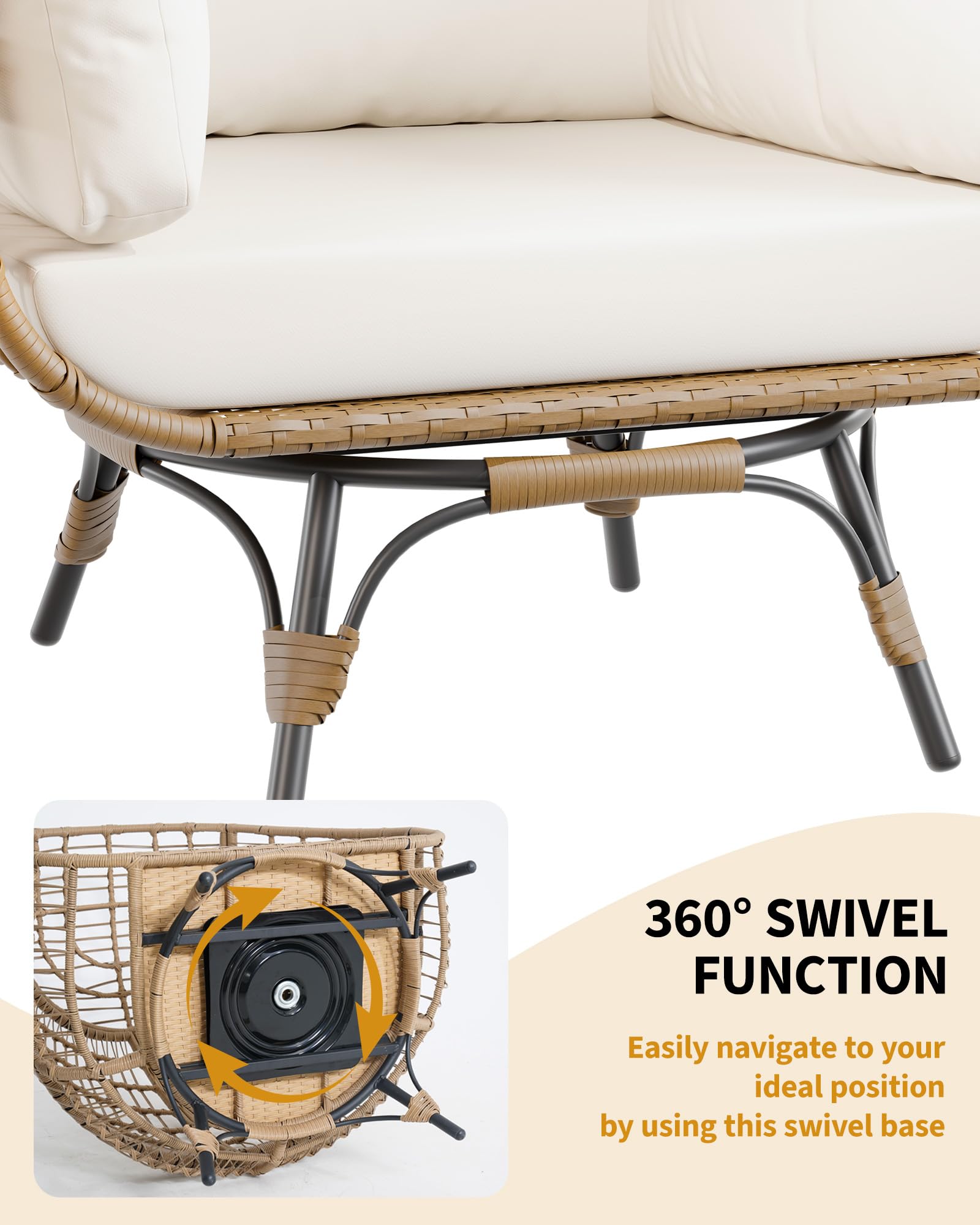 Garvee Fauteuil Œuf Pivotant 360° XL, Structure Acier et Base Métal, Rotin PE Résistant à l’Eau, Coussins Réglables, Intérieur/Extérieur, 96 × 76 × 145 cm, Naturel