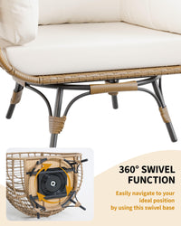 Garvee Fauteuil Œuf Pivotant 360° XL, Structure Acier et Base Métal, Rotin PE Résistant à l’Eau, Coussins Réglables, Intérieur/Extérieur, 96 × 76 × 145 cm, Naturel