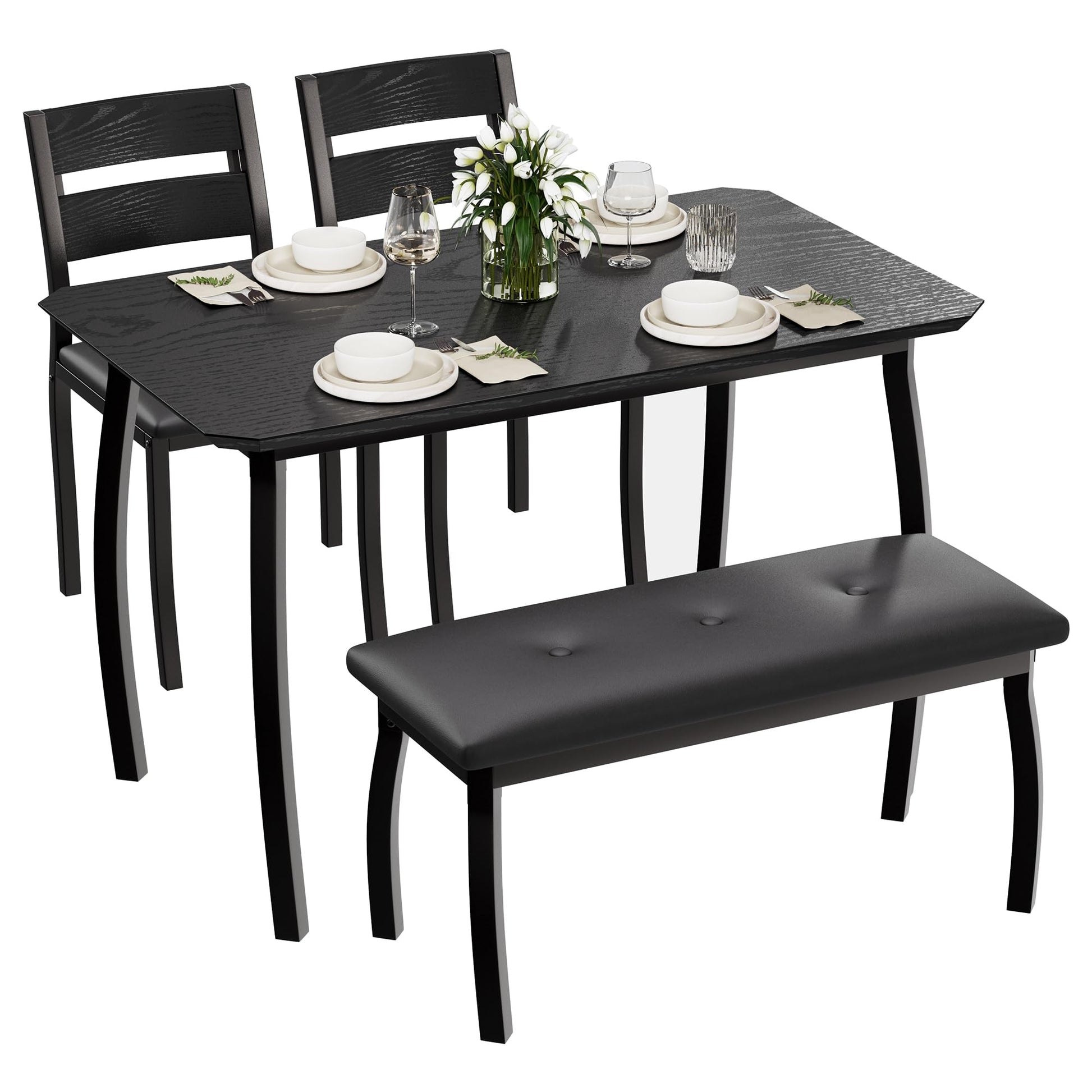 Ensemble de salle à manger Garvee pour 4 personnes, en bois et métal, comprenant une banquette rembourrée et 2 chaises, noir, idéal pour la cuisine et les réceptions, robuste et peu encombrant.