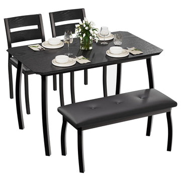 Ensemble de salle à manger Garvee pour 4 personnes, en bois et métal, comprenant une banquette rembourrée et 2 chaises, noir, idéal pour la cuisine et les réceptions, robuste et peu encombrant.