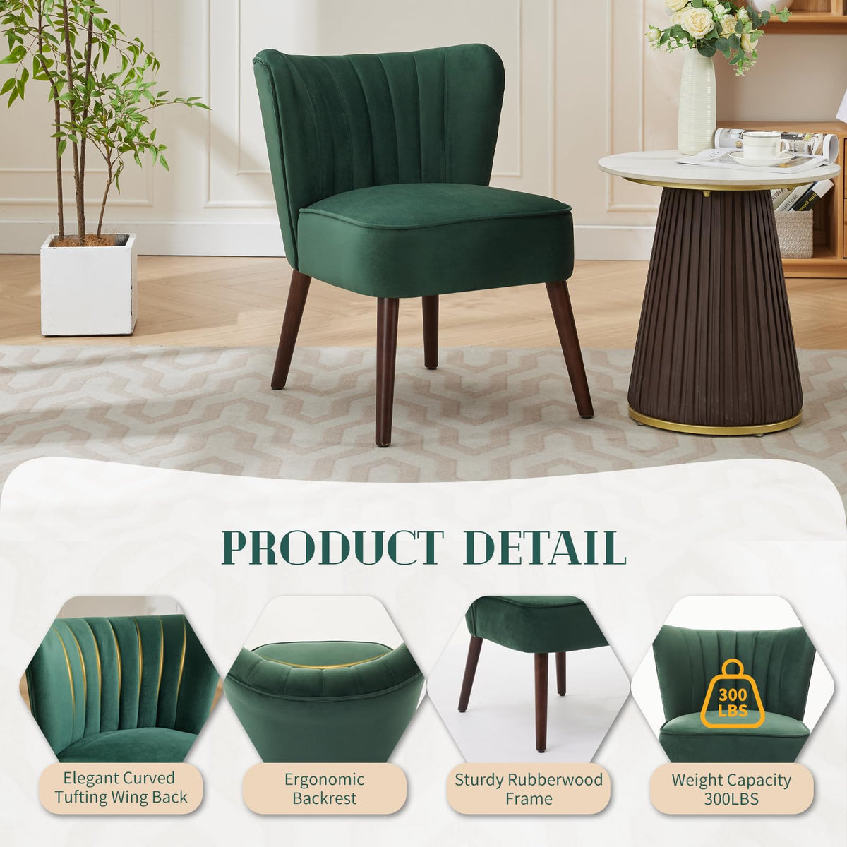 Fauteuil de salon moderne Garvee en velours avec pieds réglables et pieds ergonomiques en bois vert, idéal pour le salon et la salle à manger.