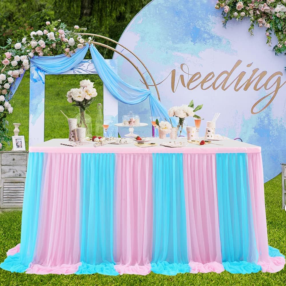 Jupe de table en tulle Garvee Monouso rose et bleu - Protection de table douce et réutilisable pour mariages et fêtes, 1,8 m/2,7 m/4,2 m, élégante et festive