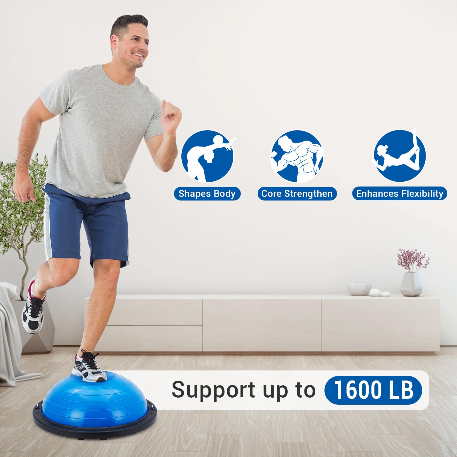 Ballon d'équilibre demi-sphère Garvee de 58 cm (23 po) avec 2 élastiques et pompe pour le yoga et la musculation. Couleur bleue. Capacité de charge : 725 kg (1 6 lb). Base antidérapante.