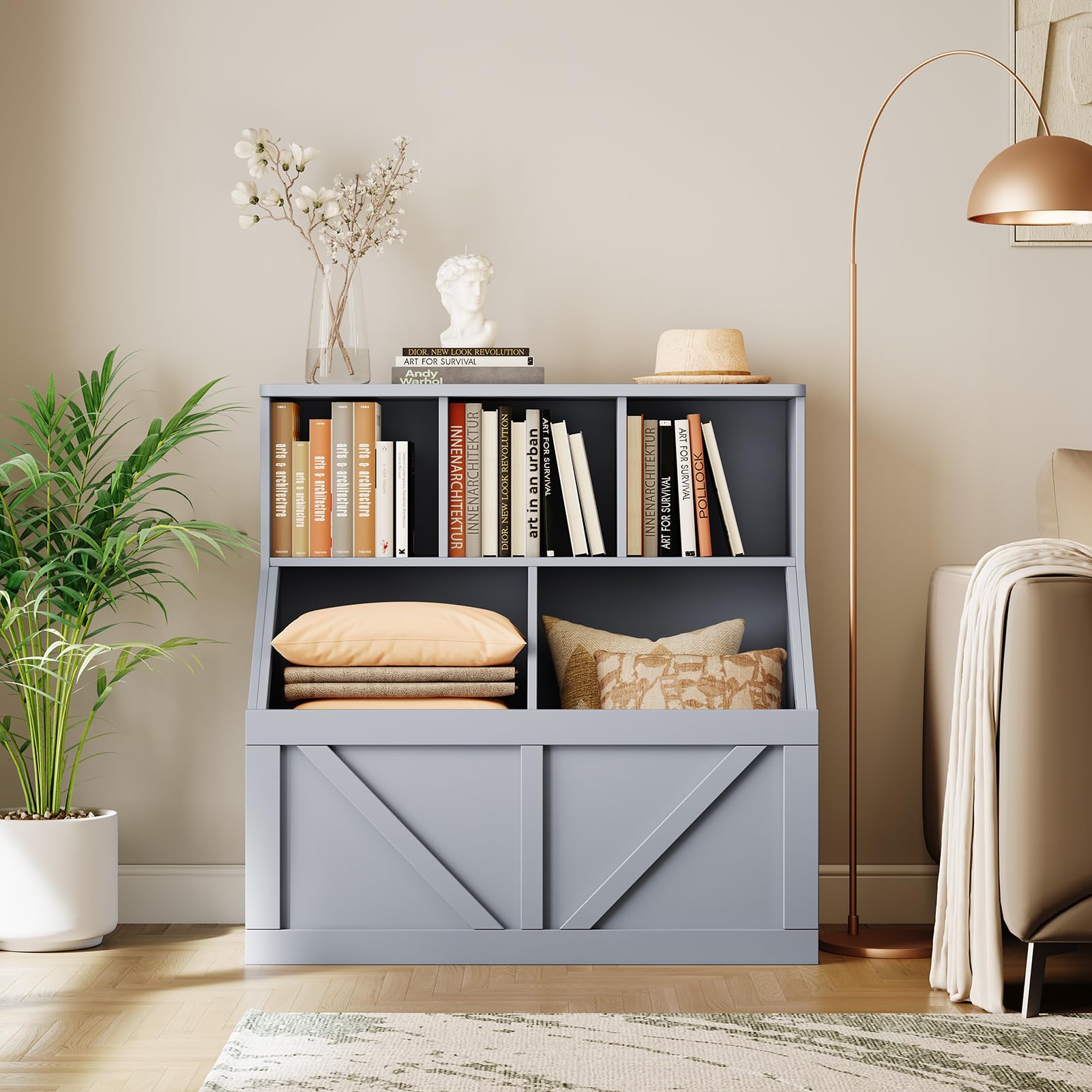 Étagère et rangement pour jouets Garvee pour enfants, avec 3 étagères ouvertes et 2 grands compartiments, gris, pour chambre d'enfant et salle de jeux, robuste et sécuritaire, en MDF, 90 x 42 x 92 cm