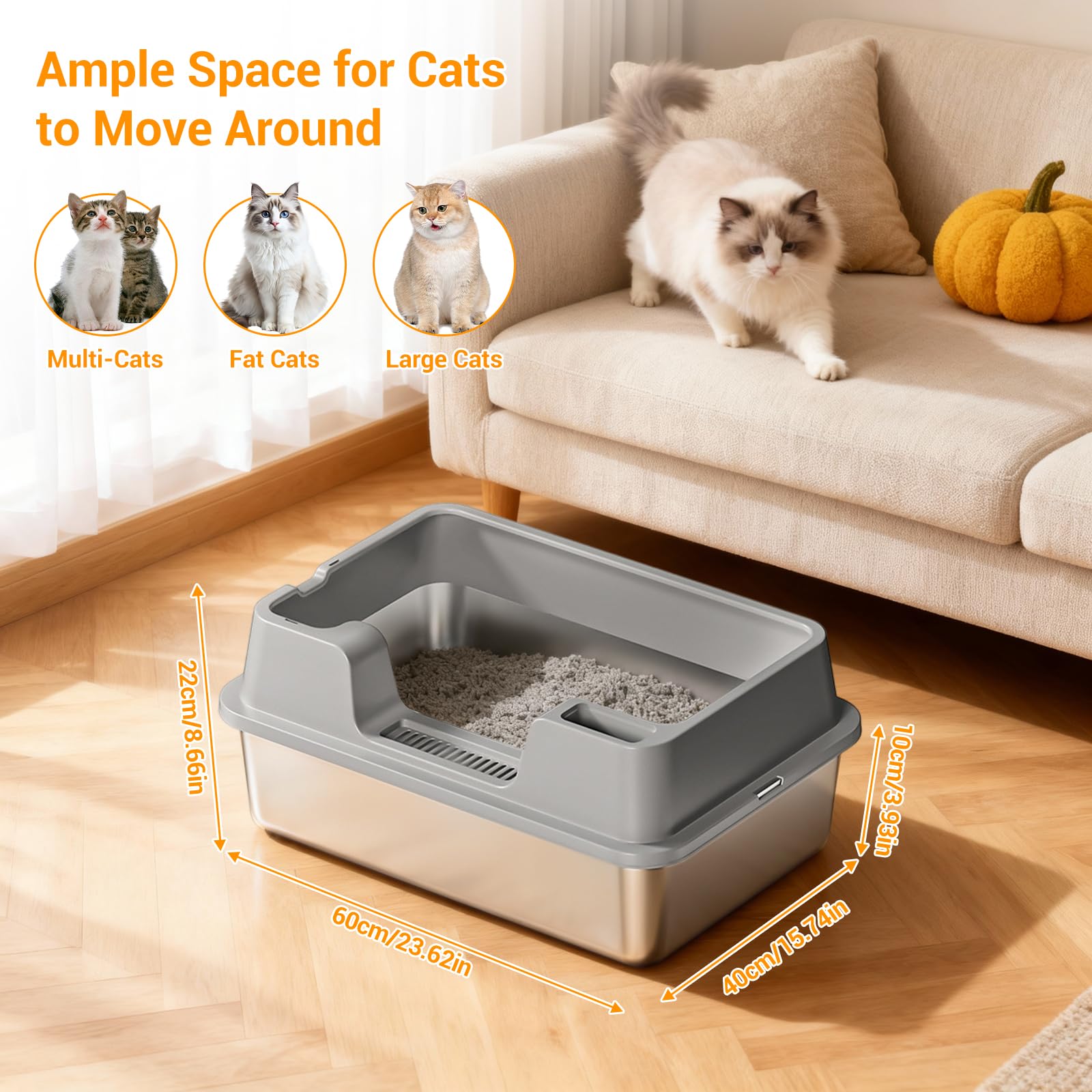 Bac à litière Garvee grand format en acier inoxydable 34 L, semi-fermé avec tapis antidérapant, idéal pour les foyers avec plusieurs chats, 60 x 40 x 22 cm, gris