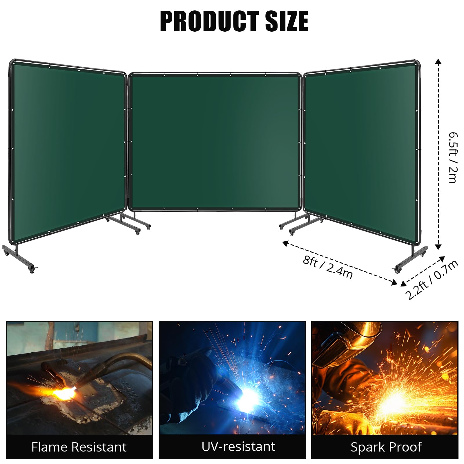 Panneau de protection de soudage Garvee à 3 panneaux, 2,44 m x 1,83 m, PVC ignifugé, cadre en acier, roues, protection UV, atelier/garage