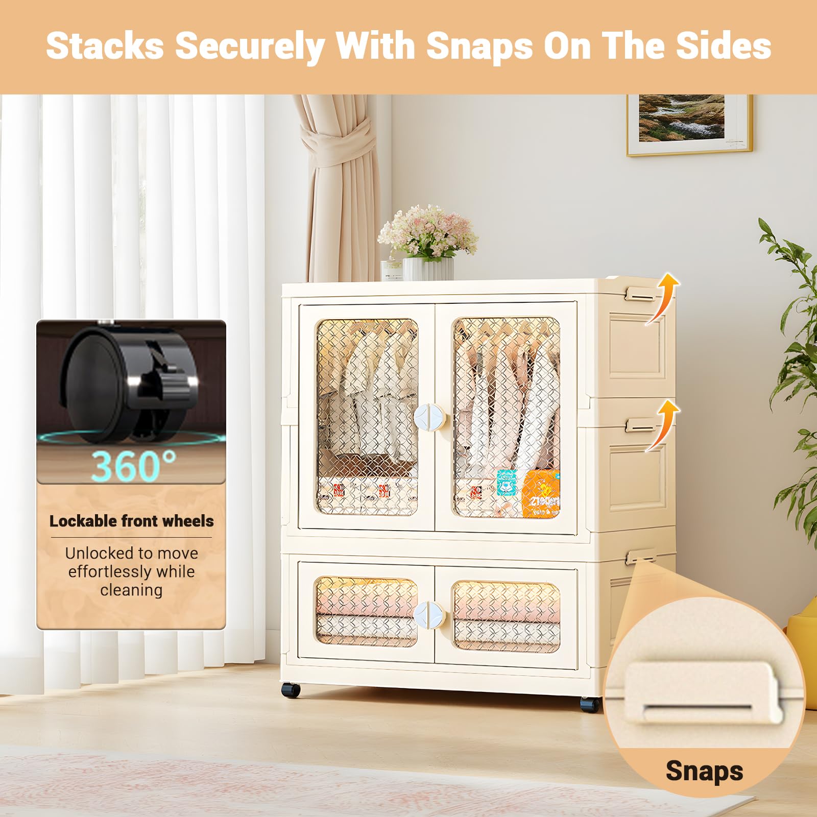 Armoire bébé Garvee à 2 niveaux avec portes transparentes, boîtes de rangement pliables à roulettes, empilables, en plastique, idéale pour la chambre d'enfant et le salon, gain de place et mobile.