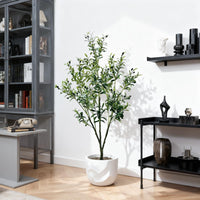 Olivier artificiel Garvee de 1,5 m avec pot blanc, plante en soie réaliste, branches ajustables pour la décoration intérieure et extérieure, tronc en bois naturel, vert foncé