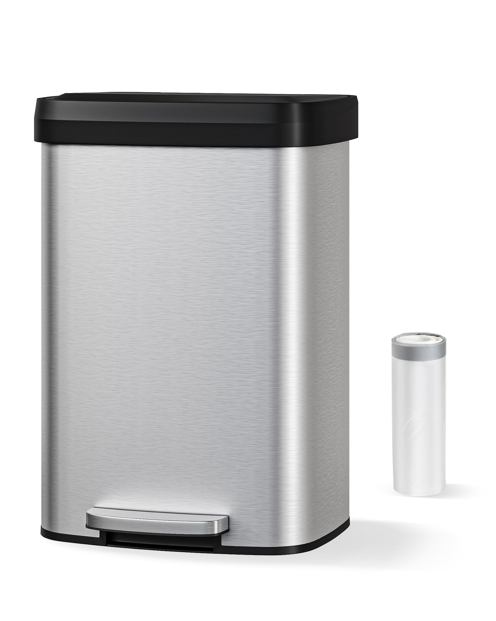 Poubelle Garvee 13 gallons en acier inoxydable avec couvercle, fermeture amortie, poignée ergonomique, argentée, pour îlot de cuisine, grande taille, antirouille
