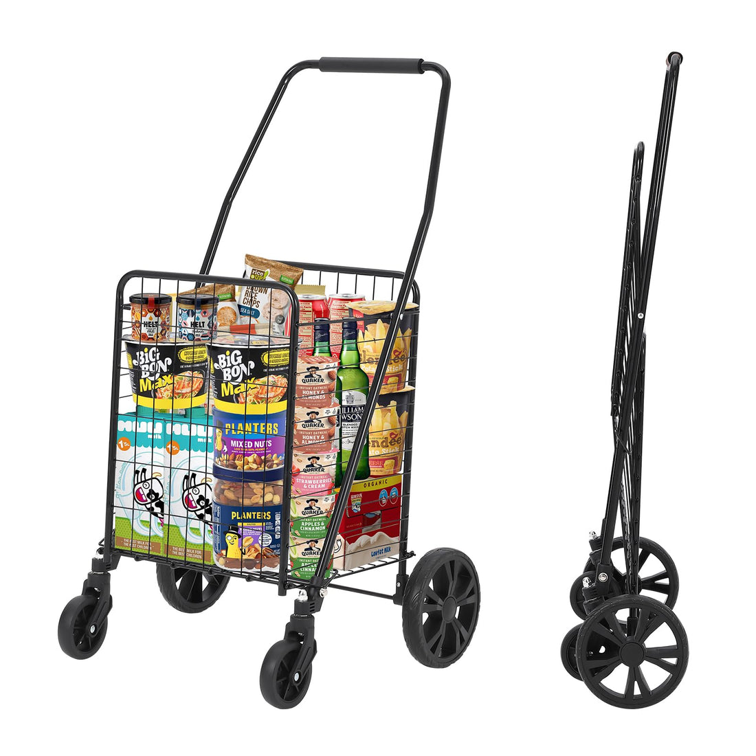 Chariot de courses pliable Garvee, capacité de 50 kg, roues pivotantes à 360°, panier de 83 litres, acier allié, léger, idéal pour les courses et les pique-niques, pliable, gris