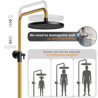 Garvee Colonne de douche réglable 3 sections en acier inoxydable 201, pommeau 24,5 cm, douchette 3 jets, design concave en TPR, doré et noir