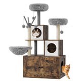 Arbre à chat Garvee 146 cm avec bac à litière intégré, maison pour chat 2 en 1, bois MDF, style moderne, gris et chêne. - brun rustique