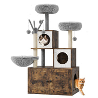 Arbre à chat Garvee 146 cm avec bac à litière intégré, maison pour chat 2 en 1, bois MDF, style moderne, gris et chêne.
