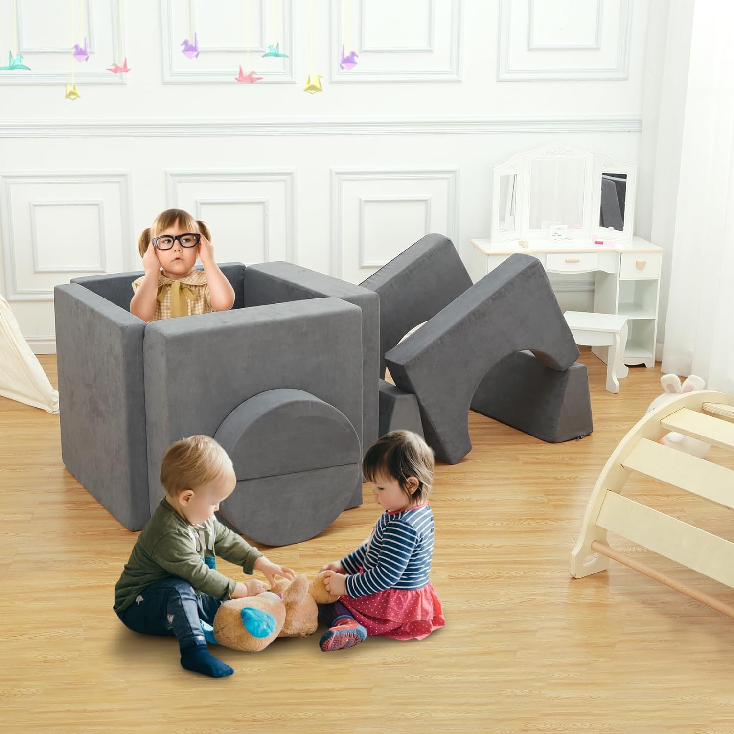 Canapé de jeu pour enfants Garvee, canapé modulaire 8 pièces, housse amovible en microfibre gris foncé, salle de jeux