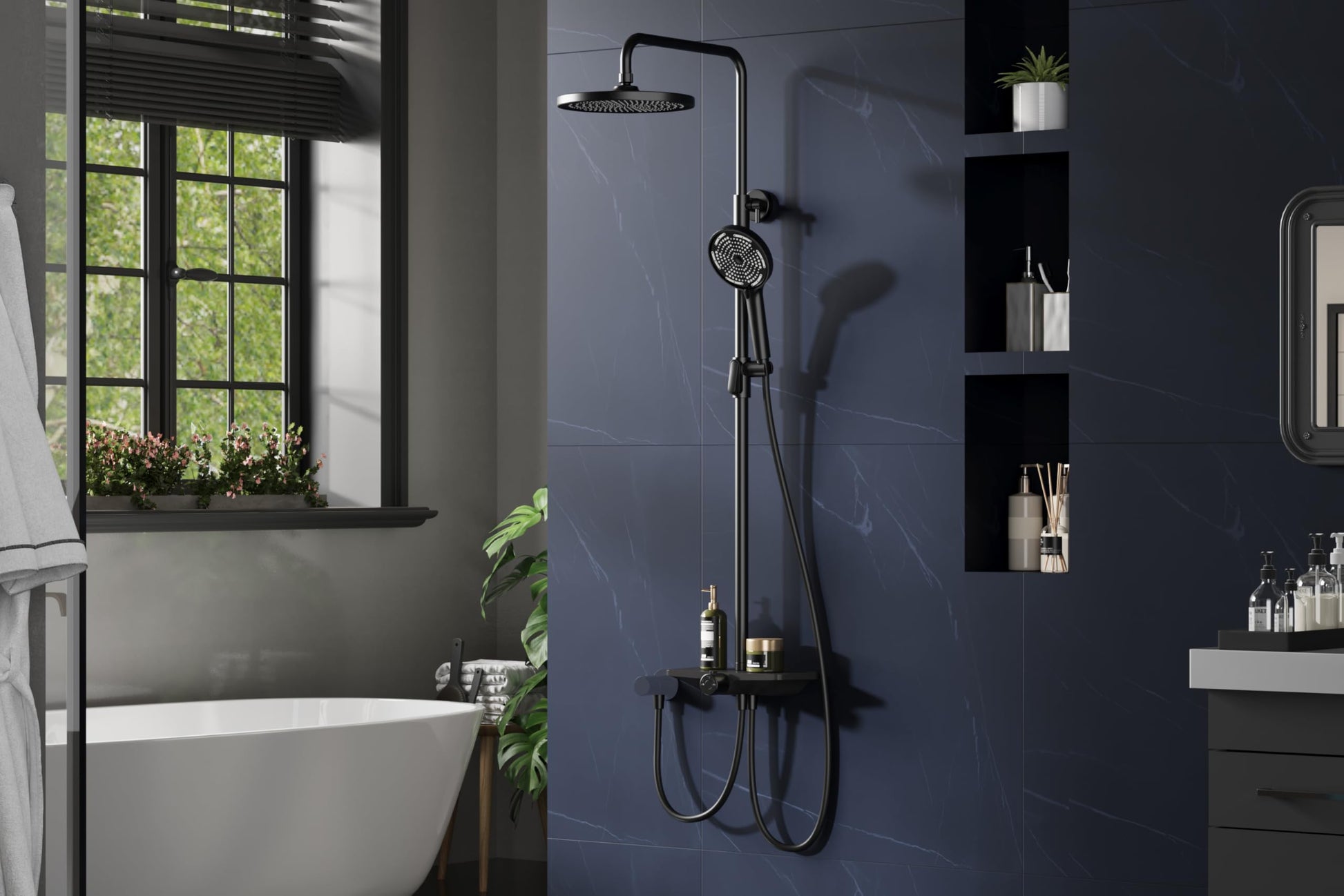 Garvee Colonne de douche réglable 3 sections en acier inoxydable 201, pommeau 24,5 cm, douchette 3 jets, design concave en TPR, noir, salle de bain moderne