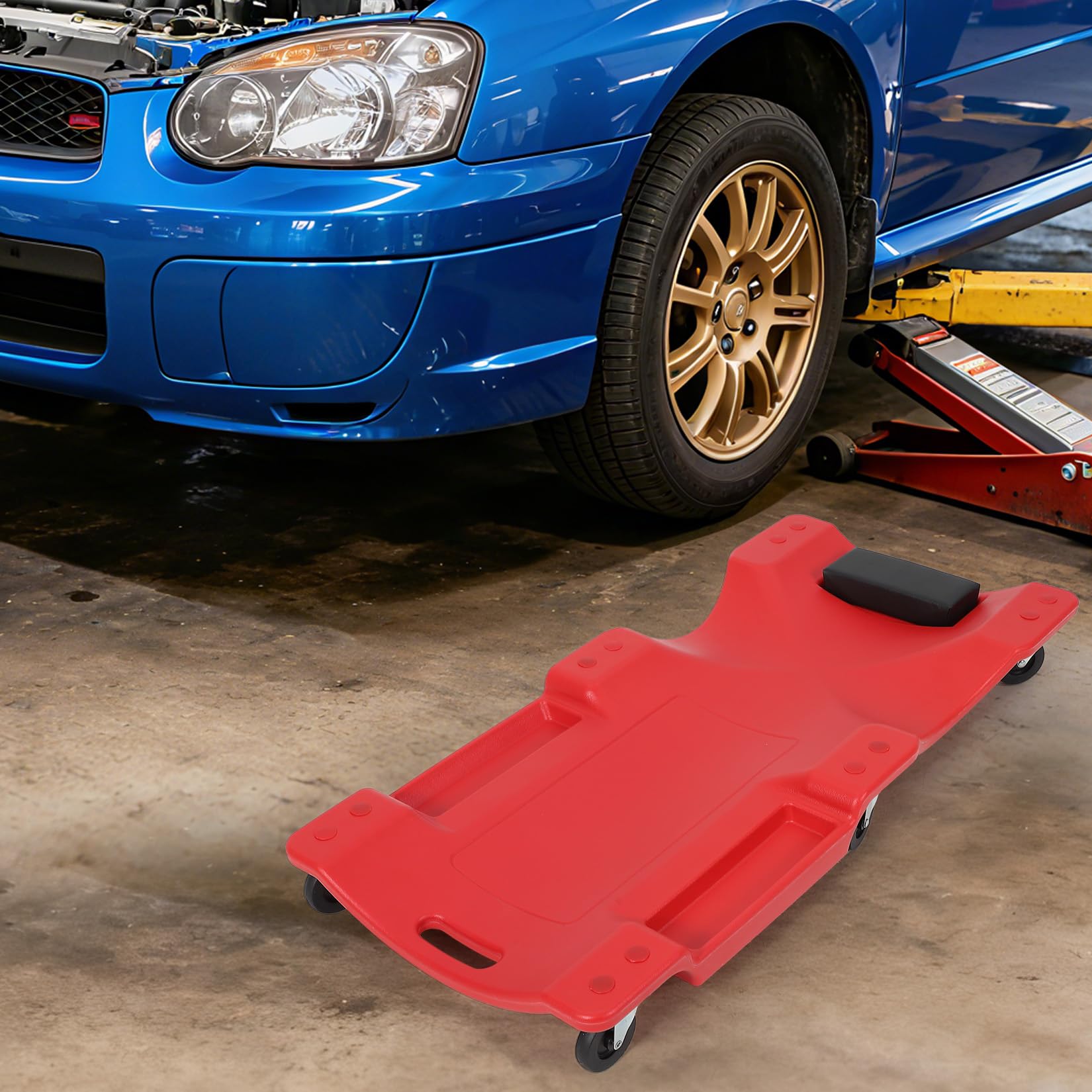 Chariot d'atelier Garvee 40" en plastique PEHD, capacité de charge de 159 kg, ergonomique, appui-tête rembourré, 6 roulettes pivotantes, profil bas, pour réparations automobiles, noir