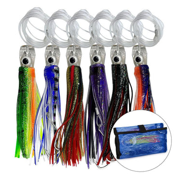 Leurre de pêche à la traîne Garvee, jupes de calamar de 16,5 cm, ensemble de leurres pour la pêche en haute mer avec sac de rangement à 6 compartiments, équipement de pêche en eau salée de 16 cm.