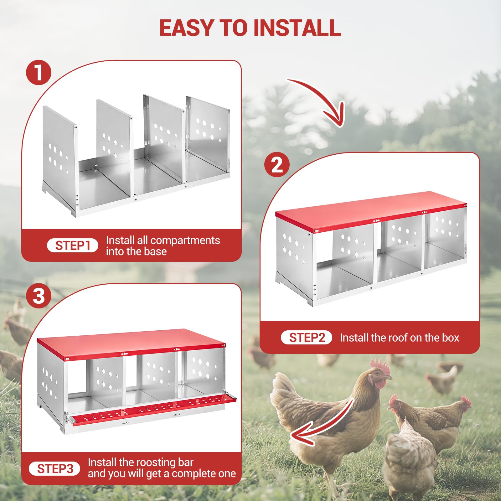 Nichoir métallique Garvee pour poules et canards, à 3 compartiments – Acier galvanisé, ventilé, antirouille, peu encombrant et facile à nettoyer