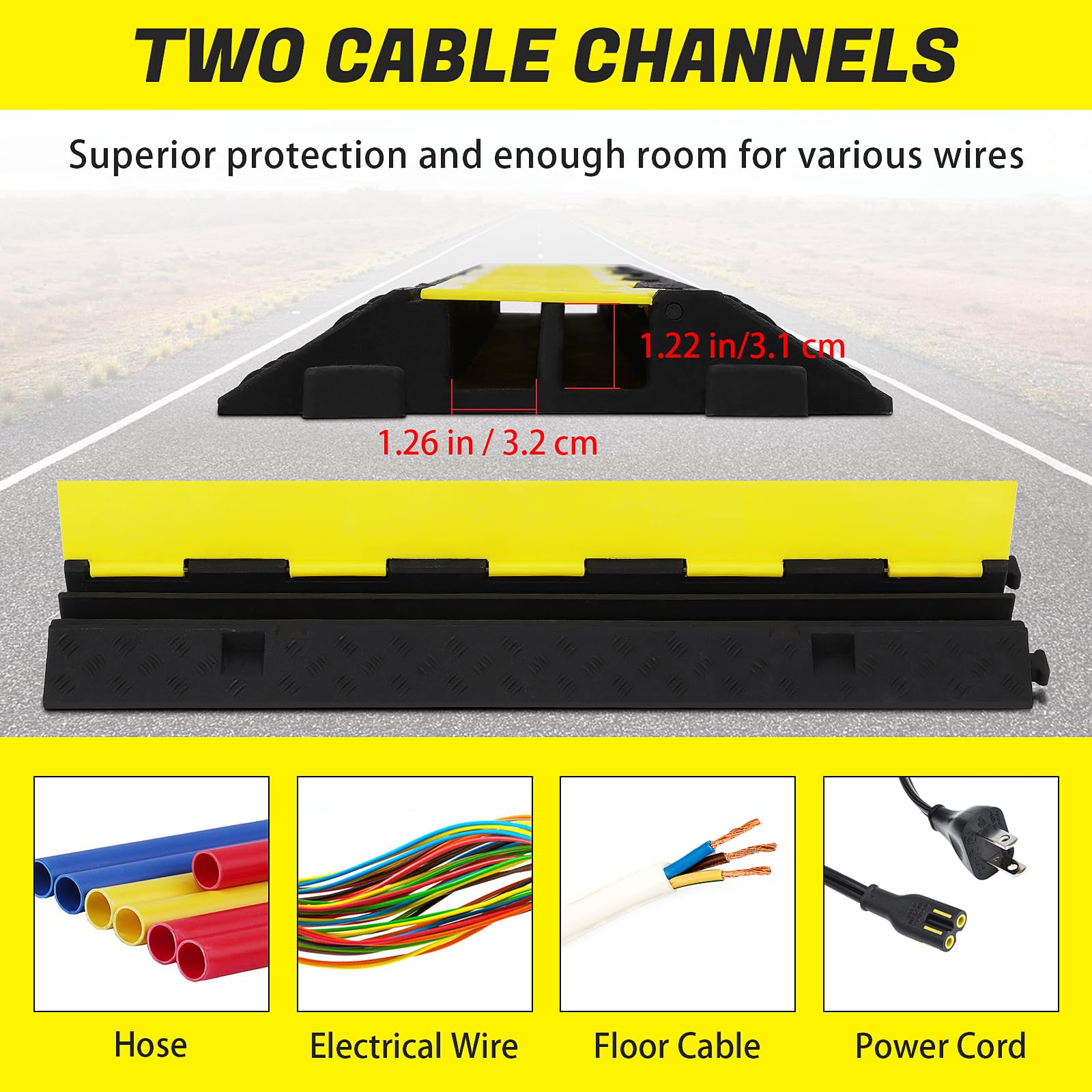 Ensemble de 3 pièces Garvee : rampe de protection de câbles à 2 canaux, capacité de charge de 11 000 lb, caoutchouc et PVC antidérapants pour parkings et chantiers de construction