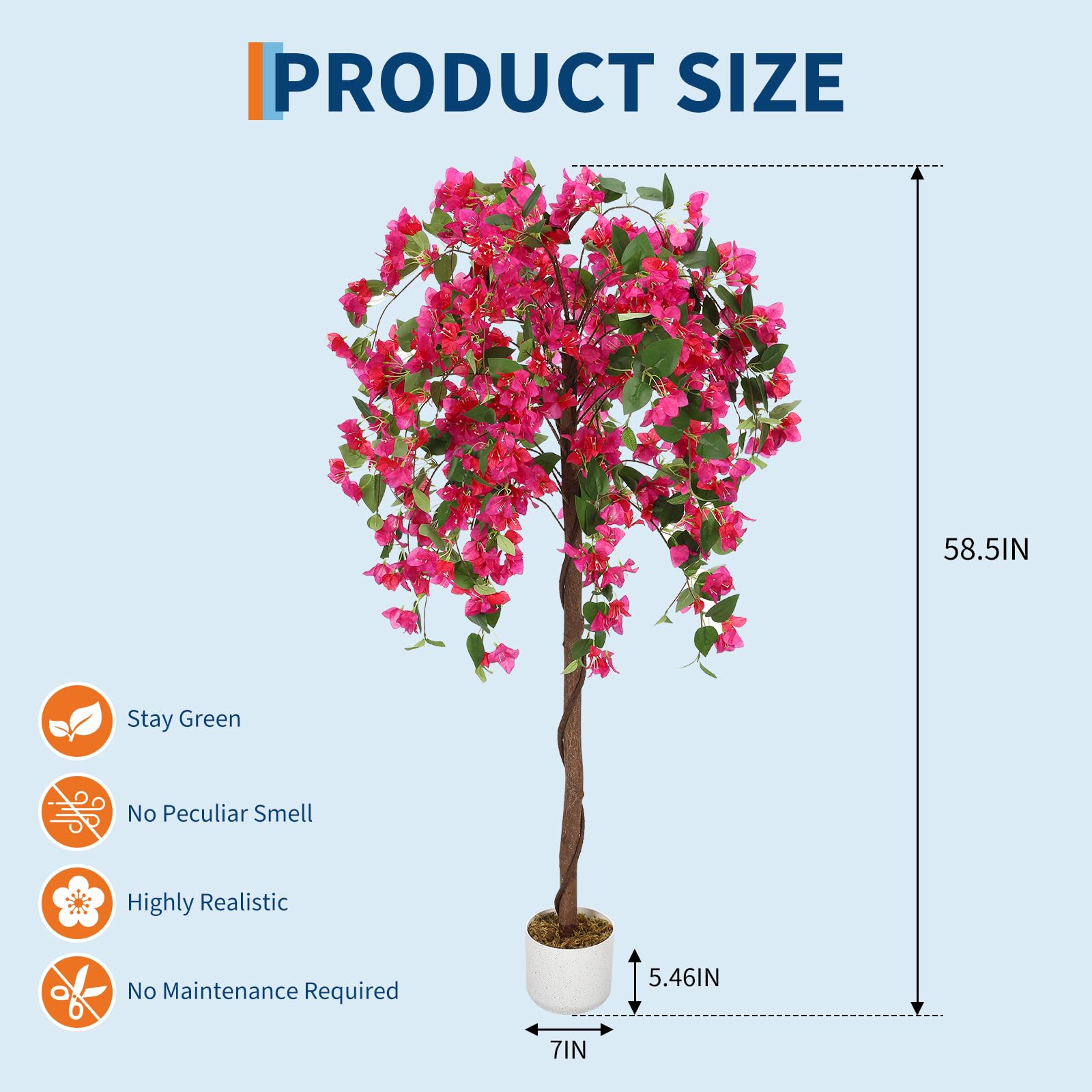 Bougainvillier artificiel Garvee de 1,5 m avec 168 fleurs rouges, tronc naturel, pot stable pour salon et bureau, rouge, polyester