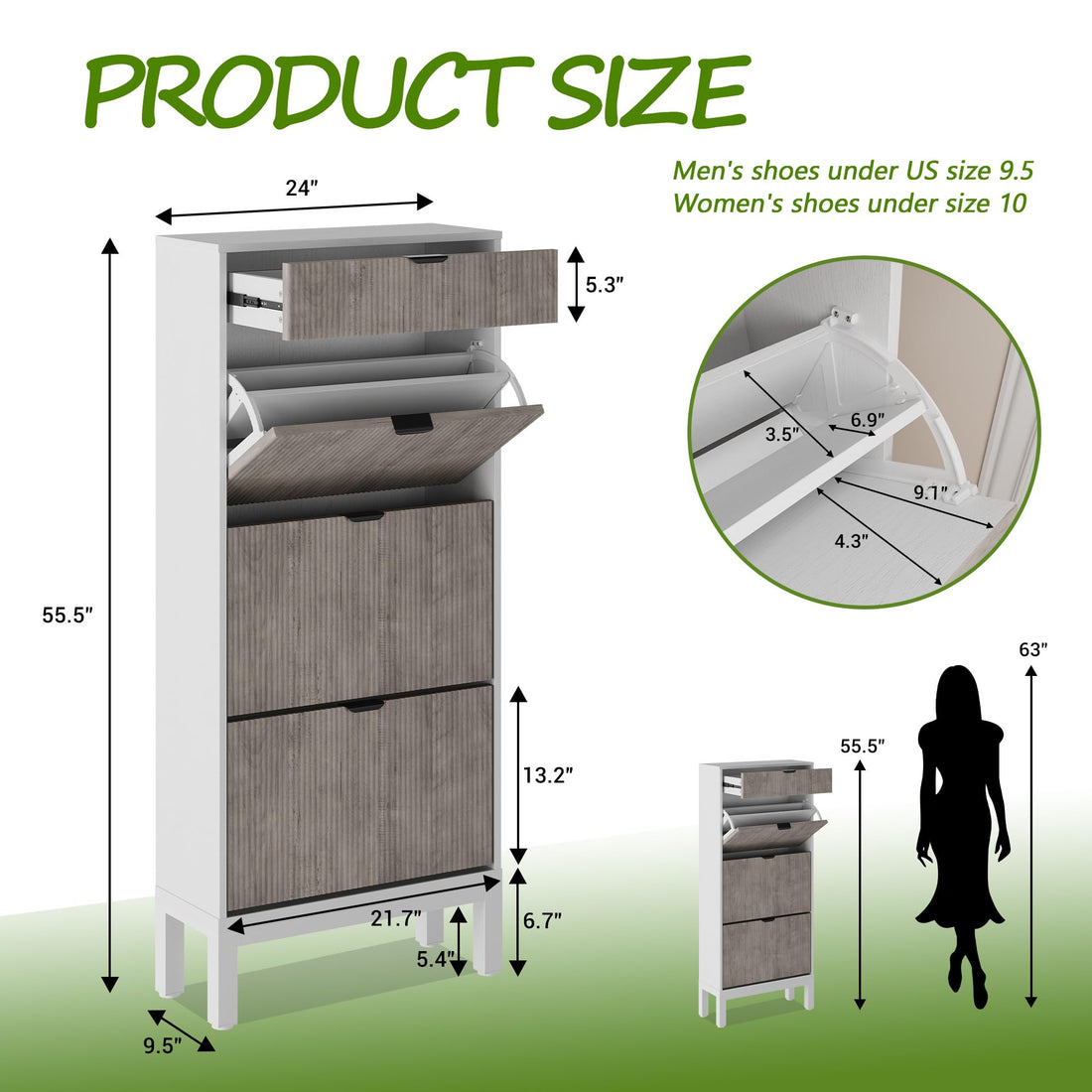 Meuble à chaussures Garvee avec 3 portes à charnières et 1 tiroir, en bois, design moderne, pieds en fer, idéal pour un couloir ou une entrée, fin, marron