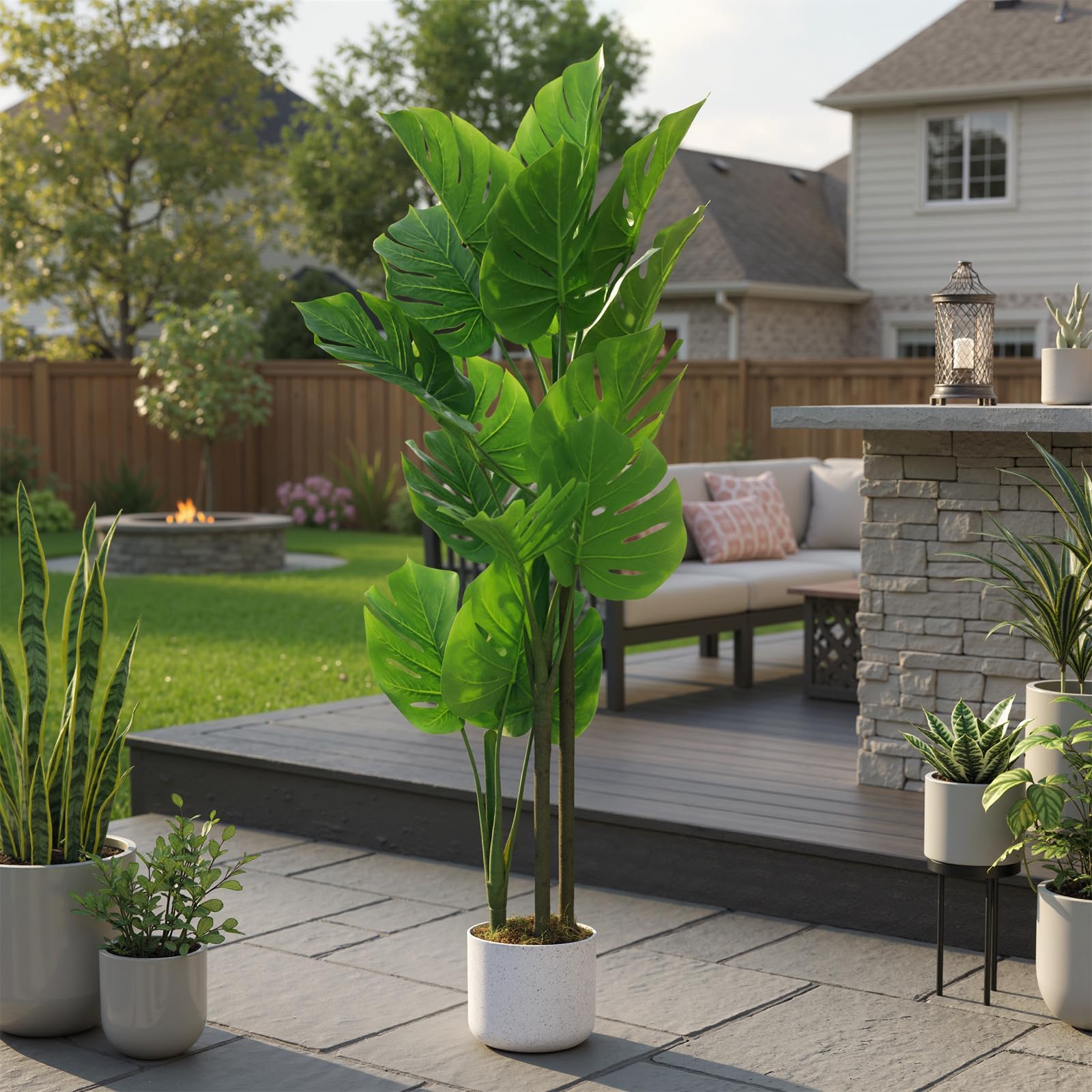 Monstera artificiel Garvee, 1,1 m, résistant aux UV, pot en ciment stable, sans entretien, décoration intérieure pour salon ou bureau, vert