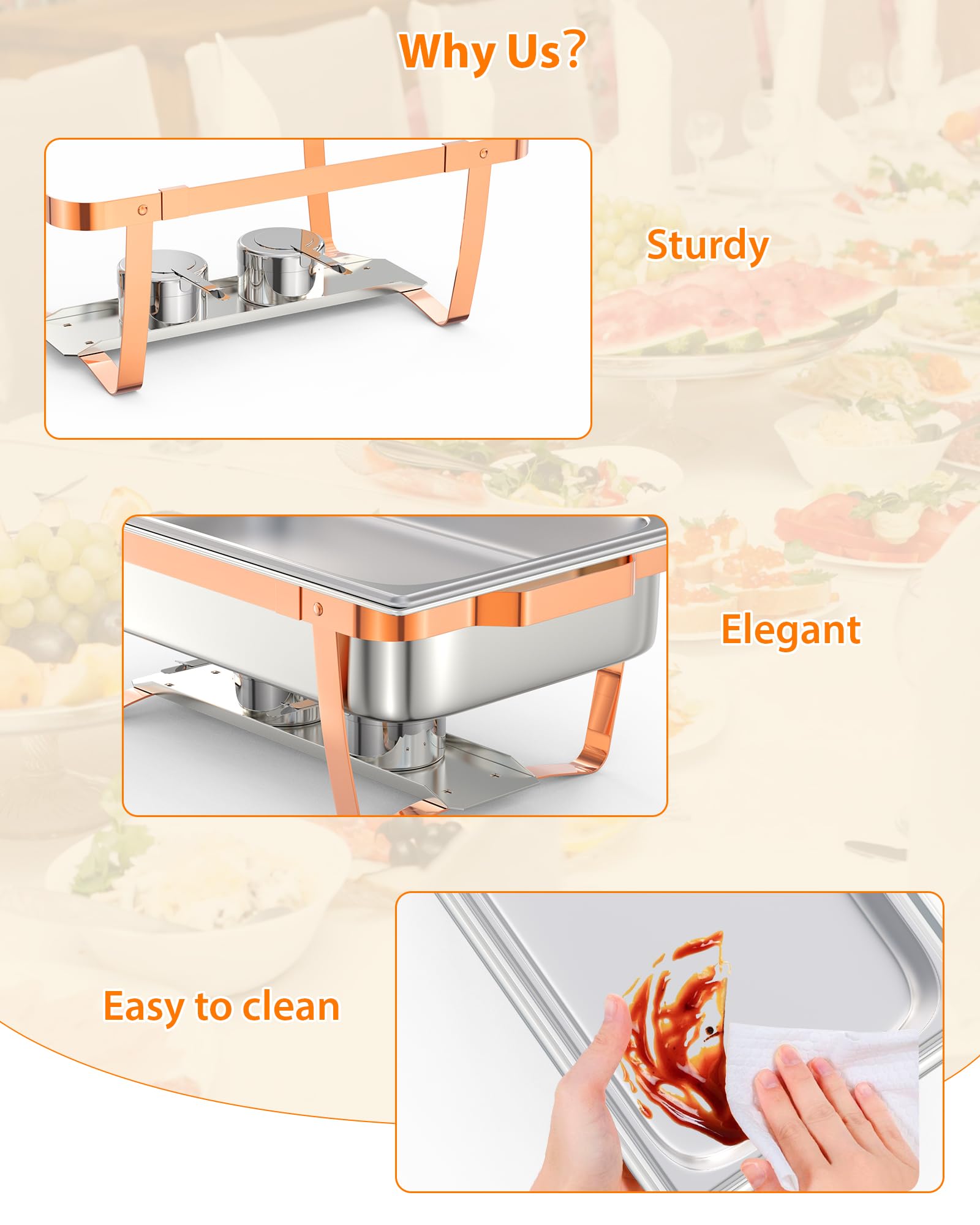 Garvee Lot de 2 plateaux chauffants pour buffet, 8 L, en acier inoxydable, avec couvercle et accessoires, couleur or rose, pour réceptions et banquets.